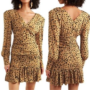 NICHOLAS Brownish/Tan Black 100%Silk Leopard Print Gathered Ruffle Frill Dress 4